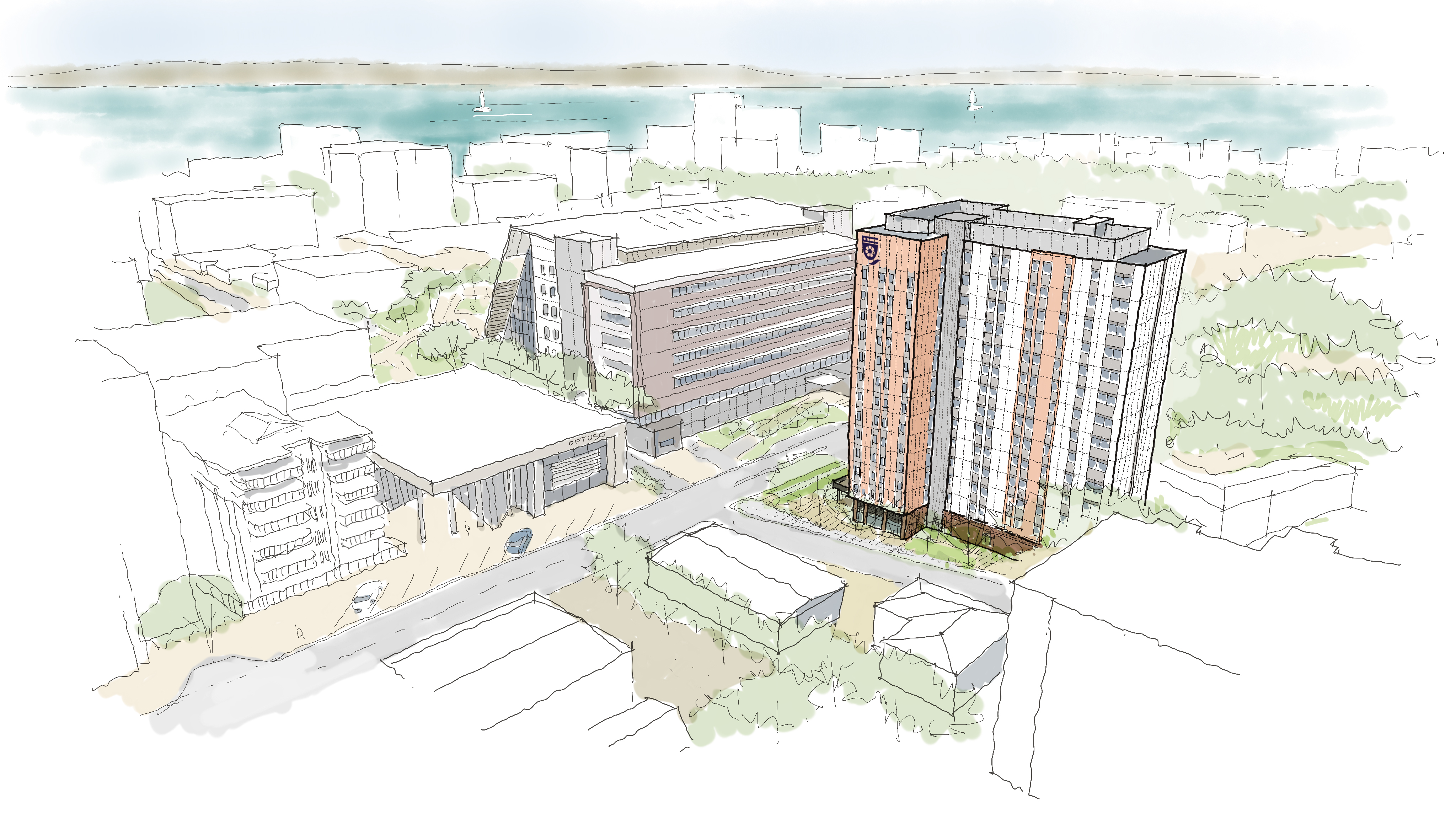 Artistic render of Campus Living Villages Student Accommodation courtyard with glass, trees, pathway, green grass, seats and studens sitting.