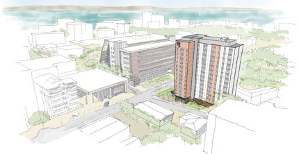 Artistic render of Campus Living Villages Student Accommodation courtyard with glass, trees, pathway, green grass, seats and studens sitting.