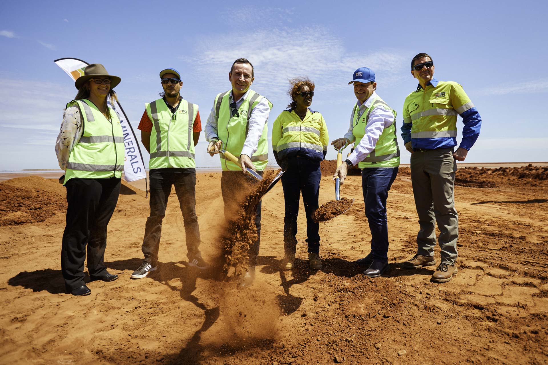 BCI Minerals Mardie Salt Project Ground Breaking Ceremony Group Of Workers With Shovels