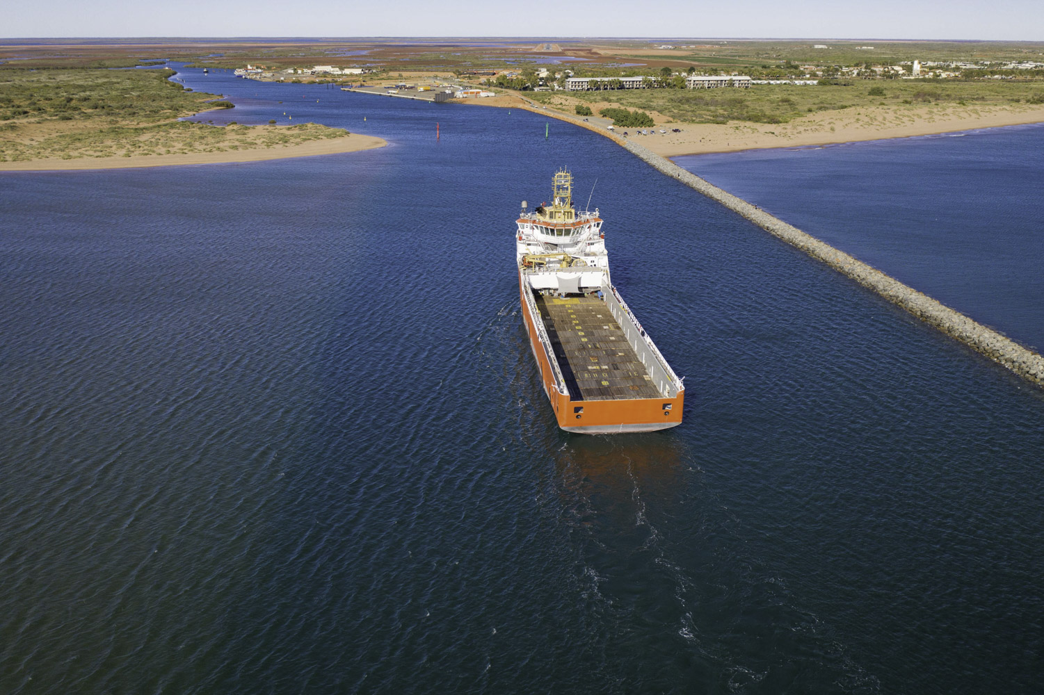 Onslow Marine Support Base Aerial View Of Ship Going Into River Mouth