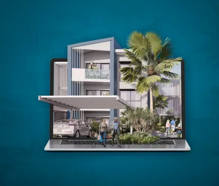 Laptop on a blue background with renders of the Cairns Seniors Community Housing Project popping out of the screen