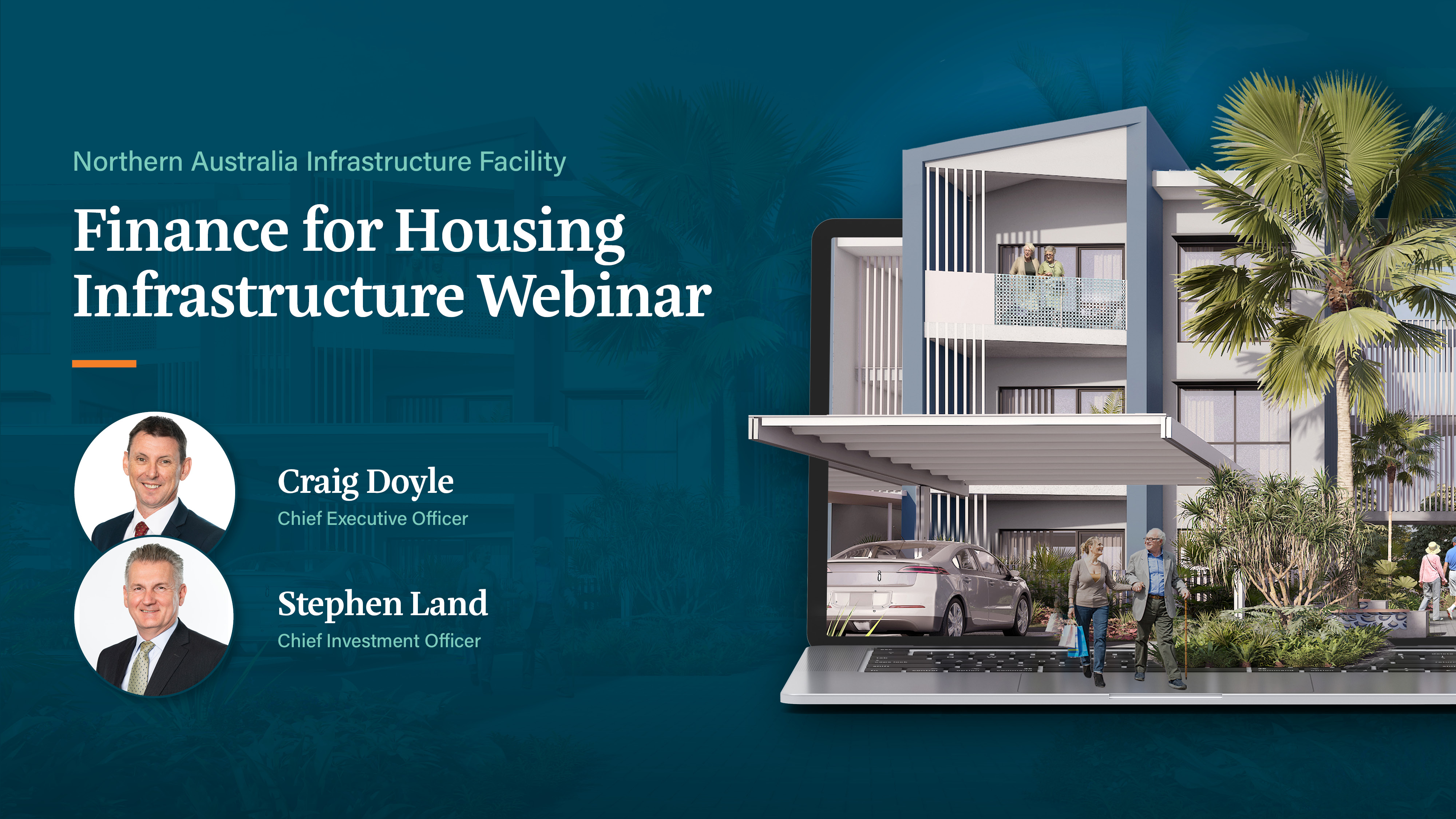 Laptop on a blue background with renders of the Cairns Seniors Community Housing Project popping out of the screen