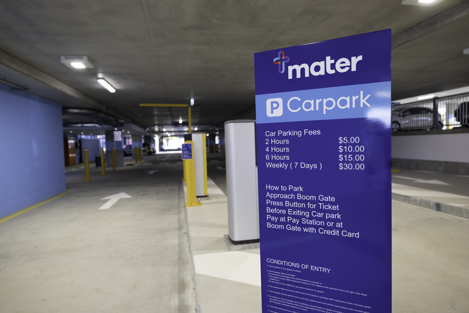 Mater Health Multi Storey Carpark Townsville Signage With Parking Fees And Boom Gate