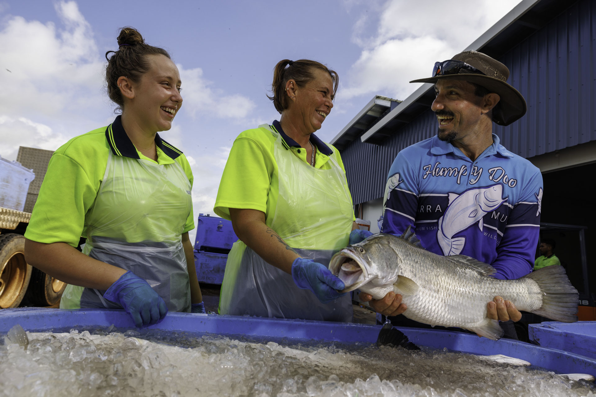 Humpty Doo Barramundi Three Workers One Holding A Barramundi Fish Over Ice Storage