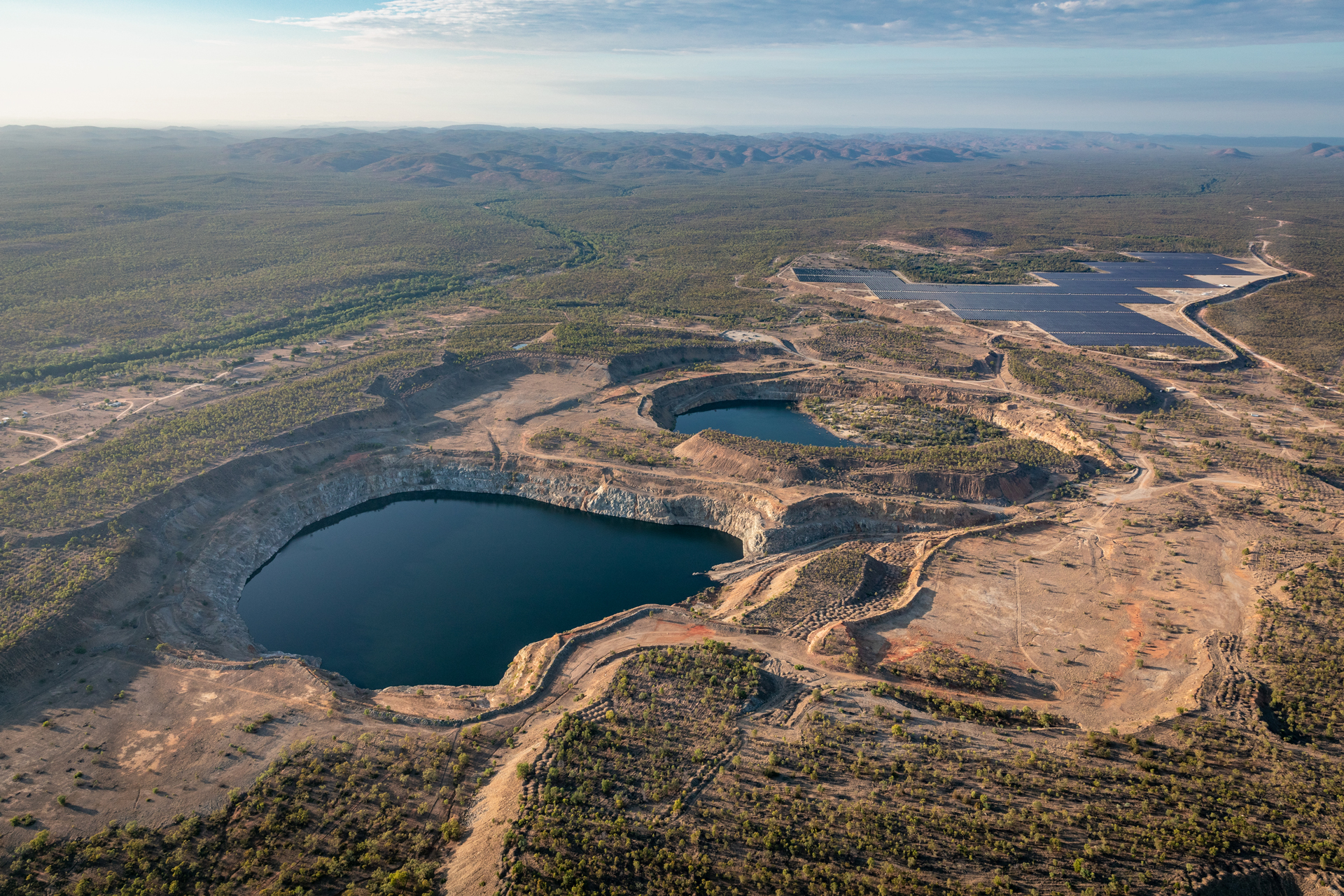Aerial view of the Kidston Pumped Storage Hydro Project including Wises Dam and the K2 Solar Project