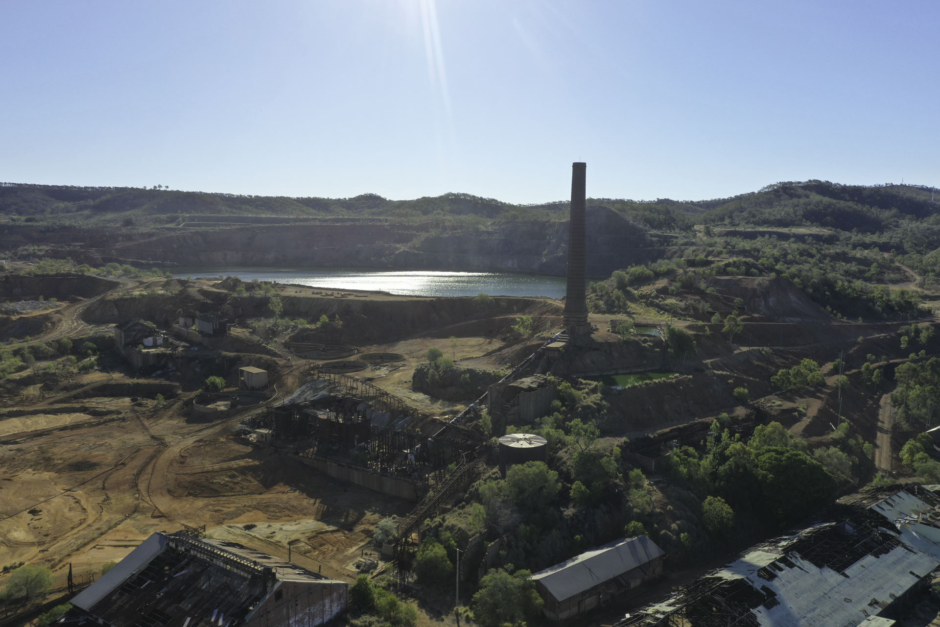 Heritage Minerals Mount Morgan Gold And Copper Tailings Reprocessing And Rehabilitation Aerial View Of Right Side With Old Chimney Stack And Abandoned Buildings