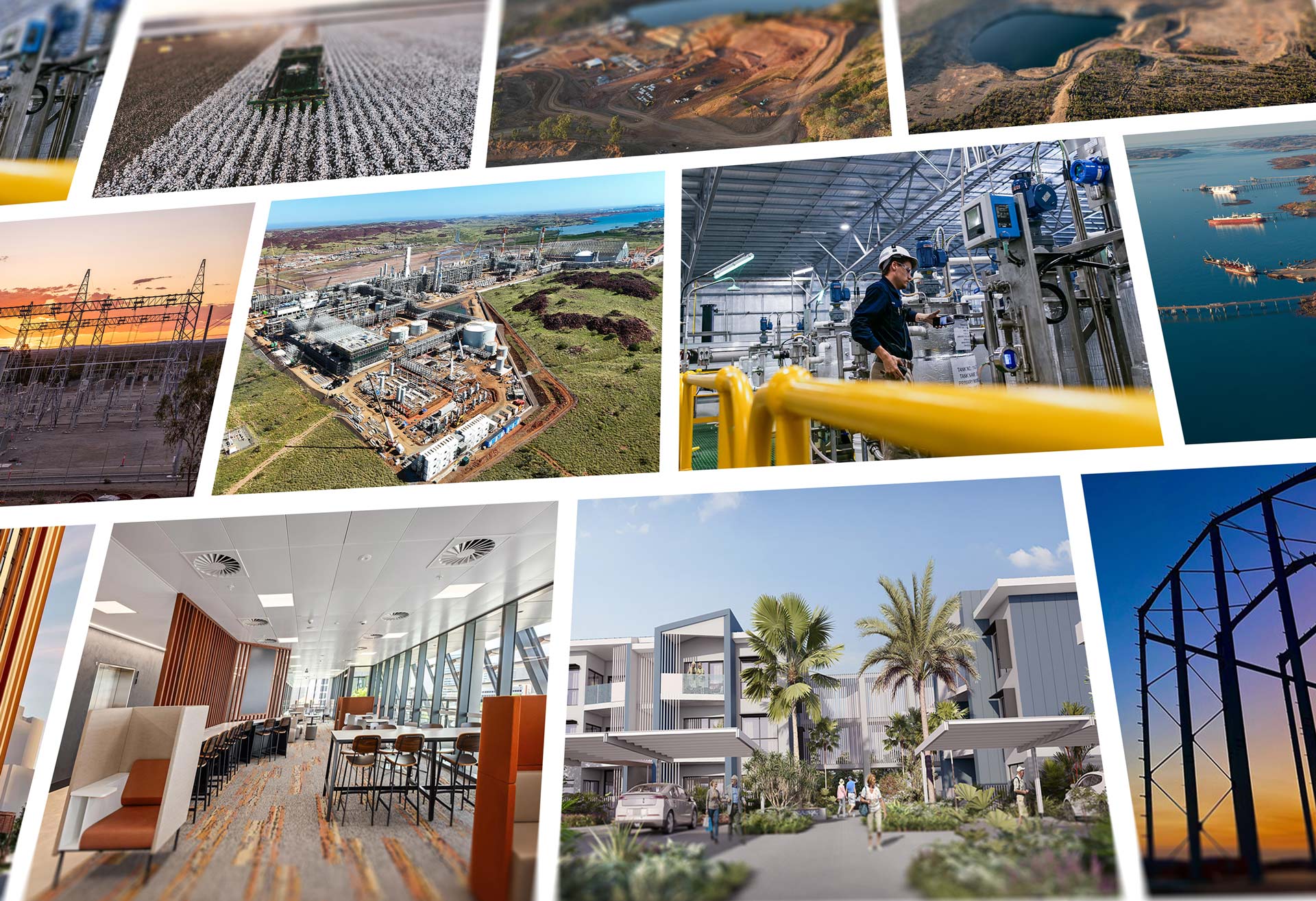 Collage of Northern Australian infrastructure projects surrounding the NAIF (Northern Australia Infrastructure Facility) logo. The montage includes aerial views of airports, ports, industrial facilities, construction sites, commercial buildings and regional developments, highlighting transport, resources and community infrastructure across Northern Australia.