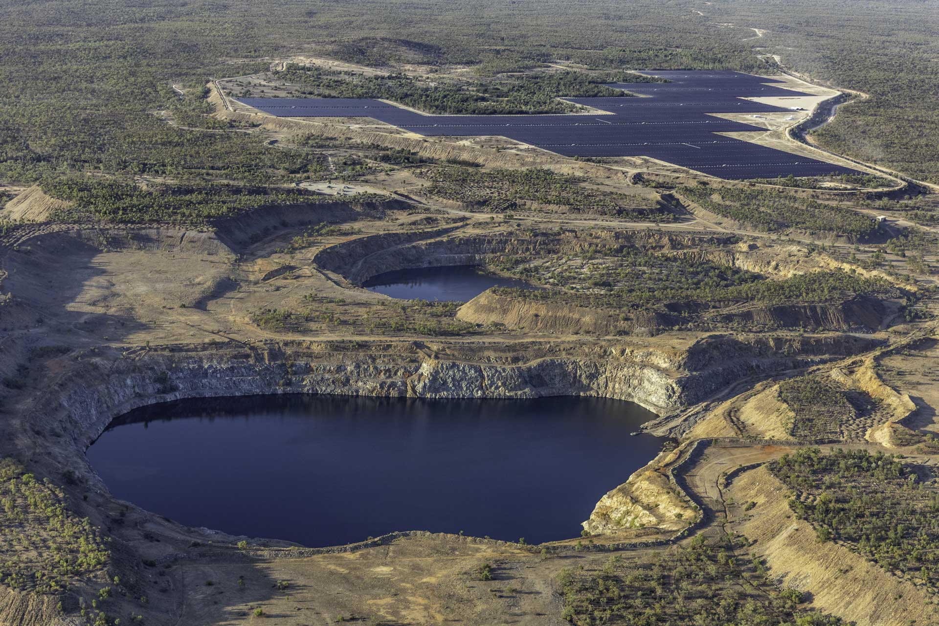 HERO Genex Kidston Pumped Storage Hydro Project Aerial View Of Solar Panels In The Background And The Pumped Hydro Dams In The Foreground